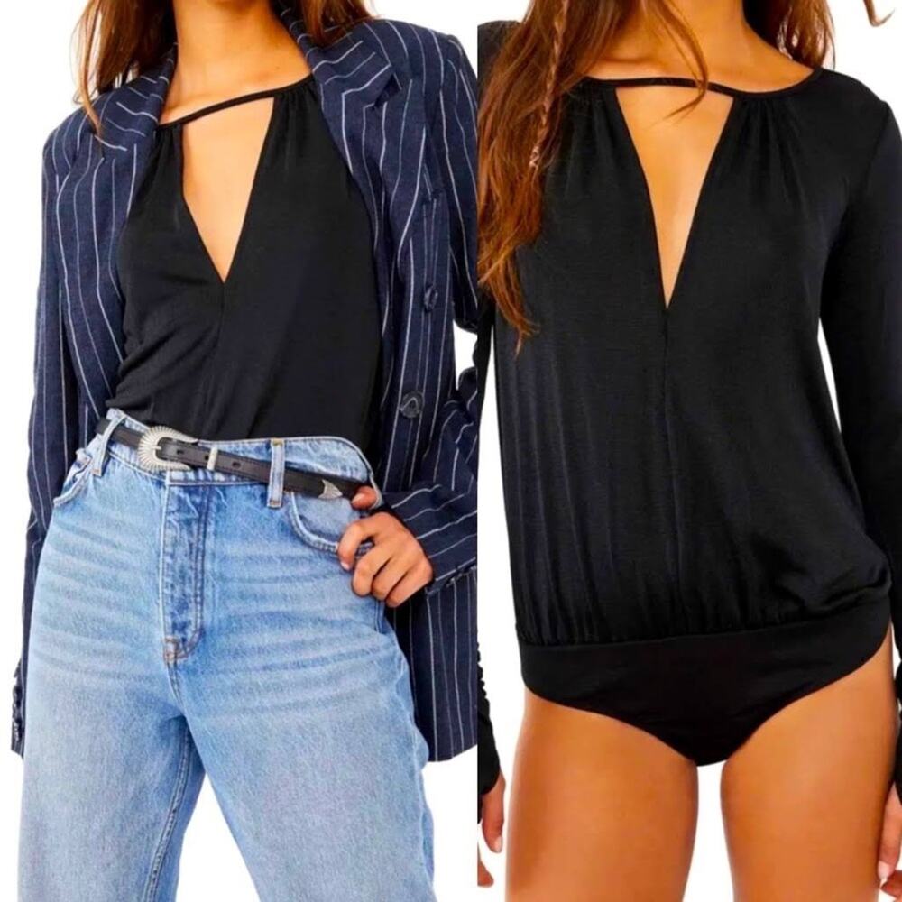 Free People Kaya Long Sleeve Bodysuit in Black